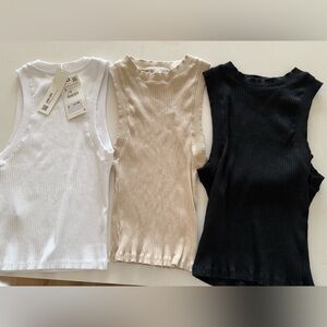 Bundle of 3 Zara Ribbed High Neck Racerback Cotton Tank Tops S White Tan Black